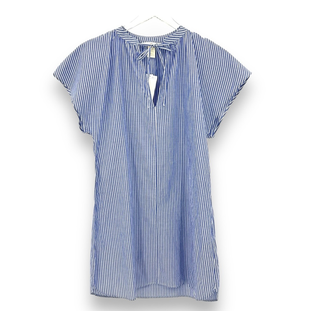 H&M blue white stripe tie fron100% cotton short sleeve shift sun dress XS NEW